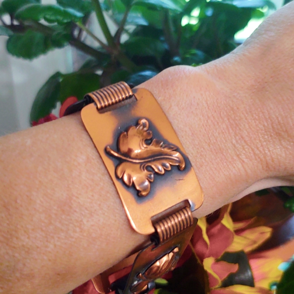 Vintage Wide Copper Leaf Link Bracelet